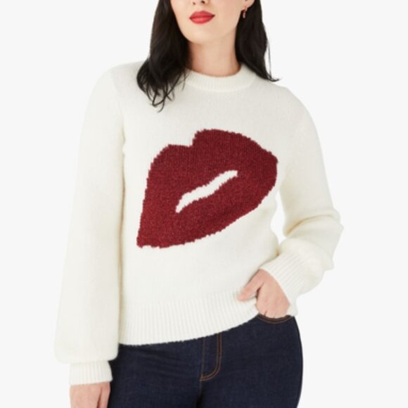 kate spade Sweaters - Kate Spade Cashmere Wool Sweater Womens large Ivory Sparkle Kiss Red Lip